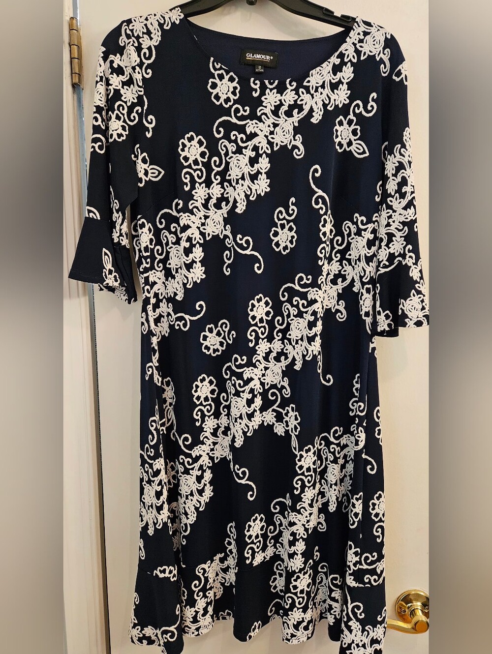 Glamour Navy Blue Floral Embroidered Dress 12 Ruffle Hem 3/4 Sleeve A Line